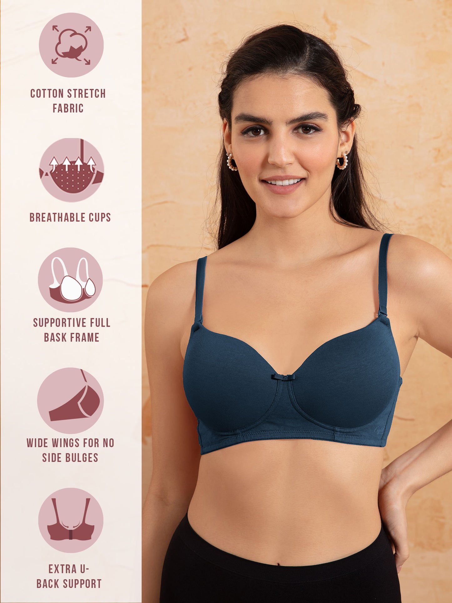 Breathe Cotton Padded wireless T-shirt Bra 3/4th coverage PO2 NYB198-S Blue & Darkskin