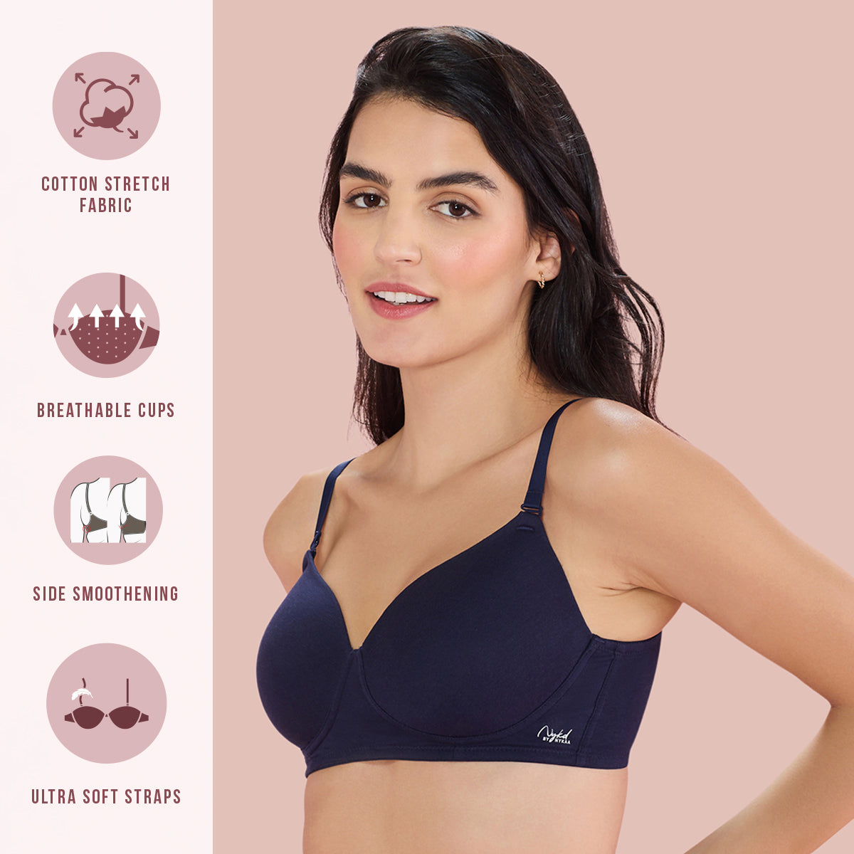 Nykd By Nykaa Breathe Cotton All Day Comfort Padded Non Wired T-Shirt Bra Nyb198 Navy Blue