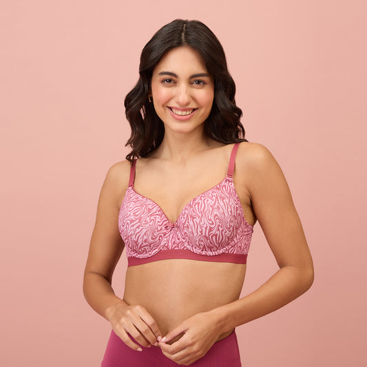 Nykd By Nykaa Printed Padded Wired T-shirt Bra-NYB220 - Marble Mirage - Rose