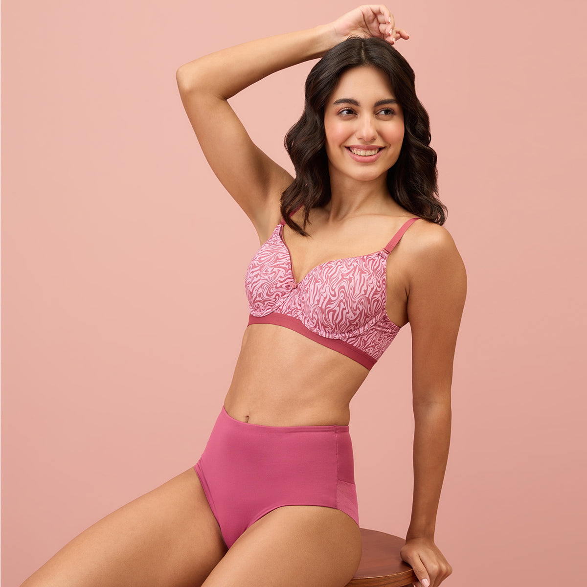 Nykd By Nykaa Printed Padded Wired T-shirt Bra-NYB220 - Marble Mirage - Rose