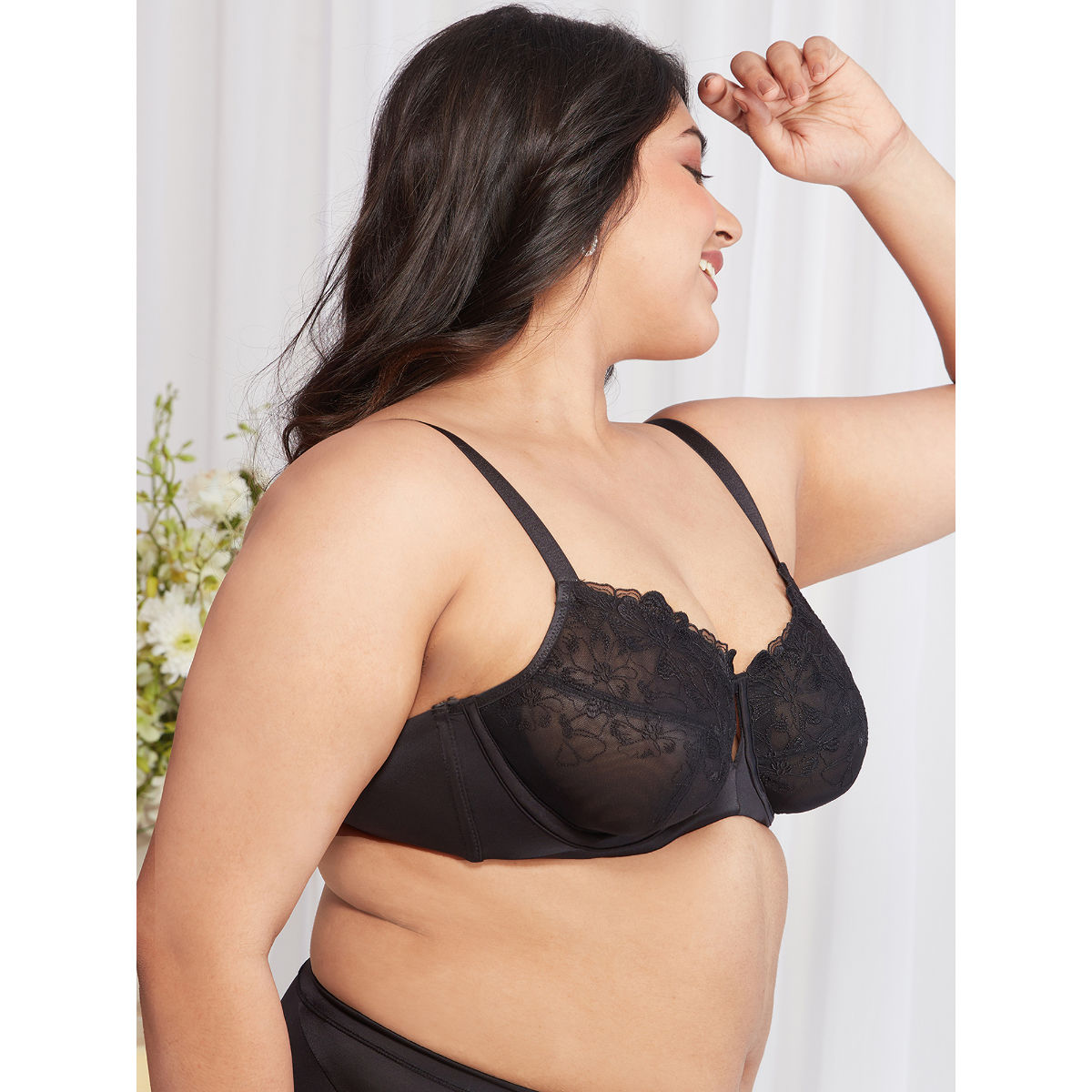 Floral Mesh Underwired Non-padded Lace Bra-NYB221-Black