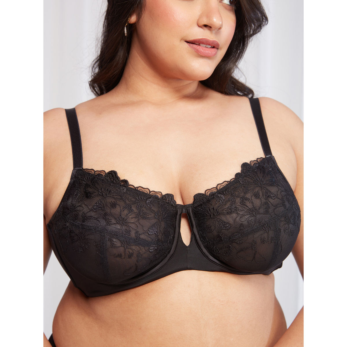 Floral Mesh Underwired Non-padded Lace Bra-NYB221-Black