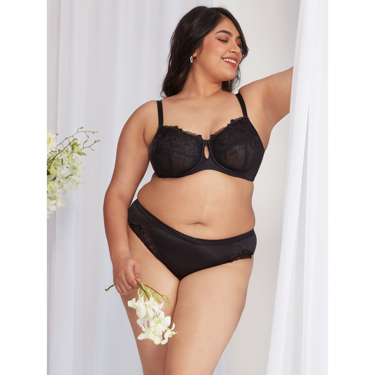 Floral Mesh Underwired Non-padded Lace Bra-NYB221-Black