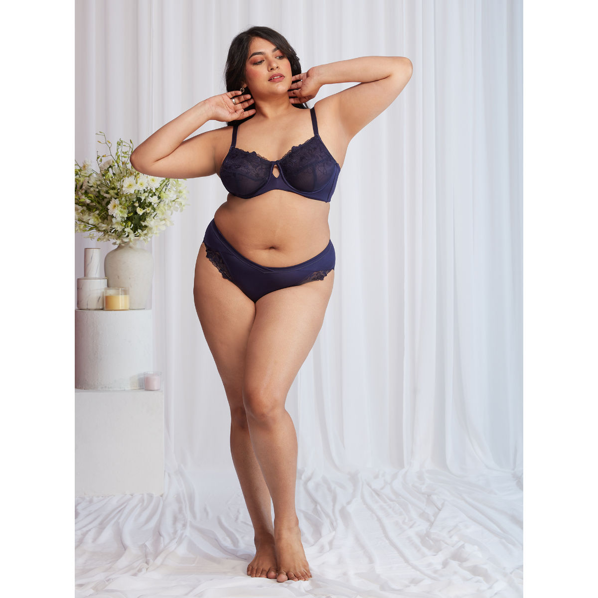 Floral Mesh Underwired Non-padded Lace Bra-NYB221-Navy