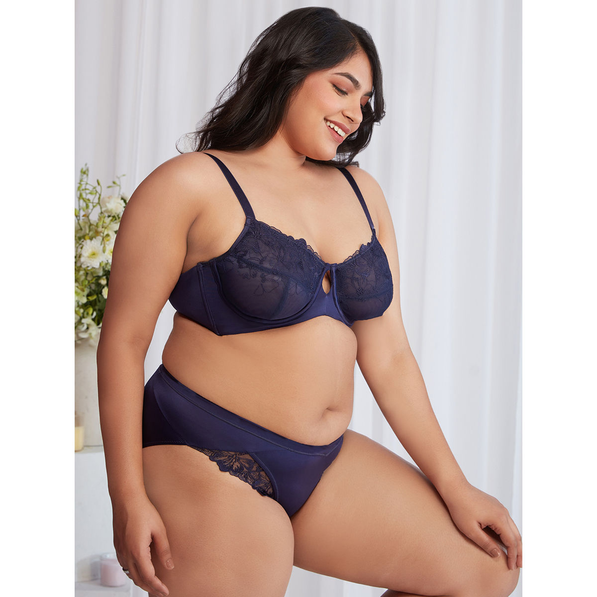 Floral Mesh Underwired Non-padded Lace Bra-NYB221-Navy