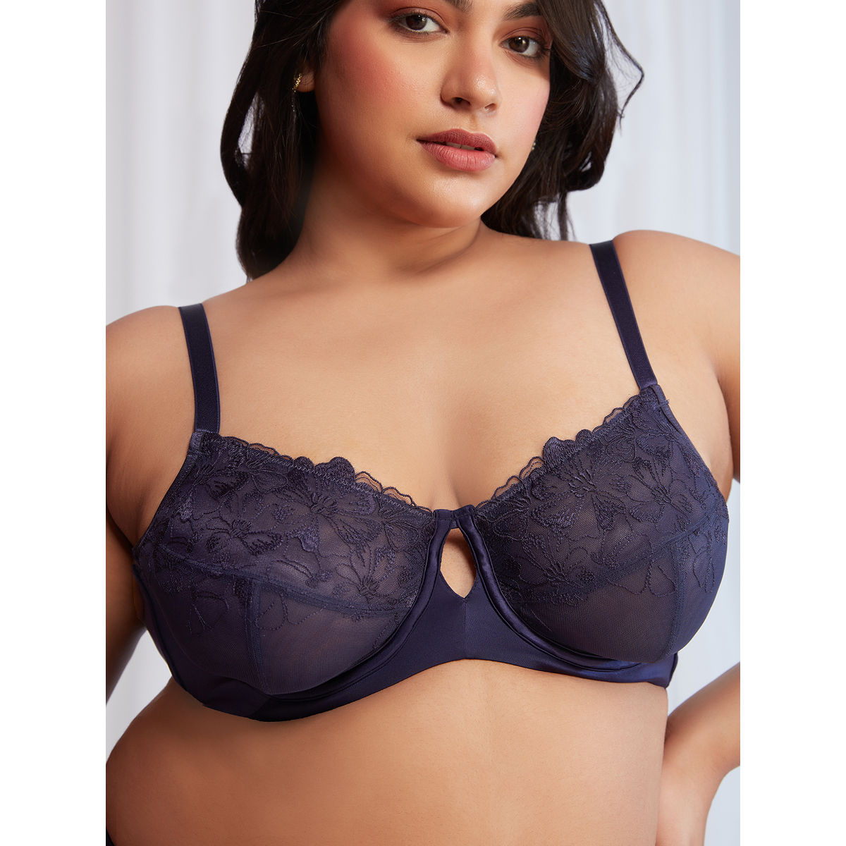 Floral Mesh Underwired Non-padded Lace Bra-NYB221-Navy