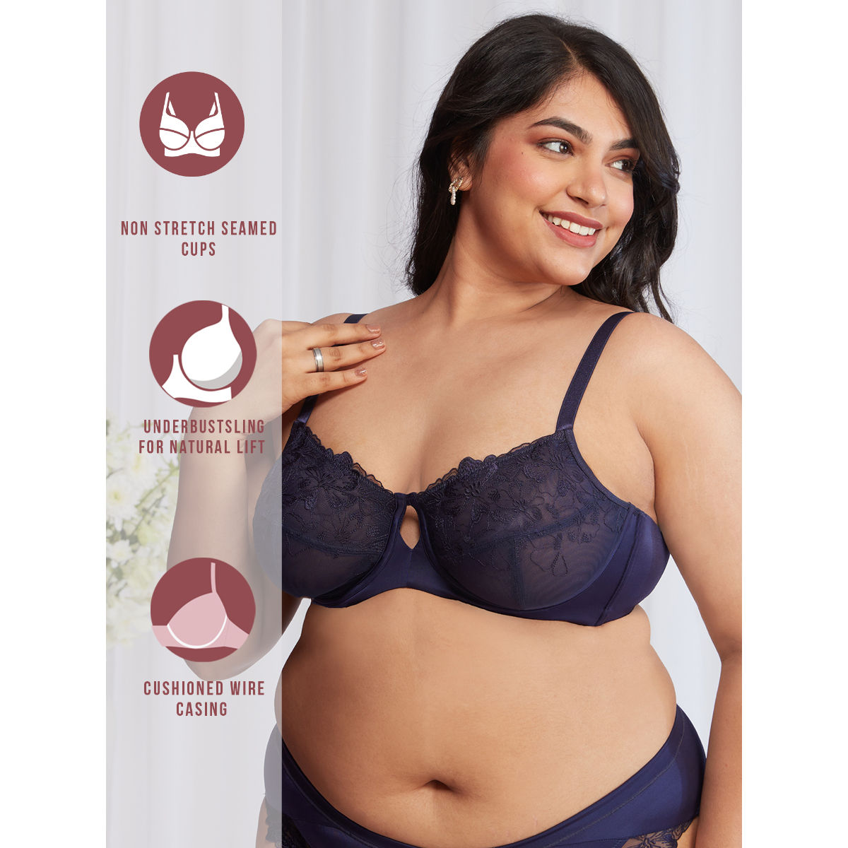 Floral Mesh Underwired Non-padded Lace Bra-NYB221-Navy