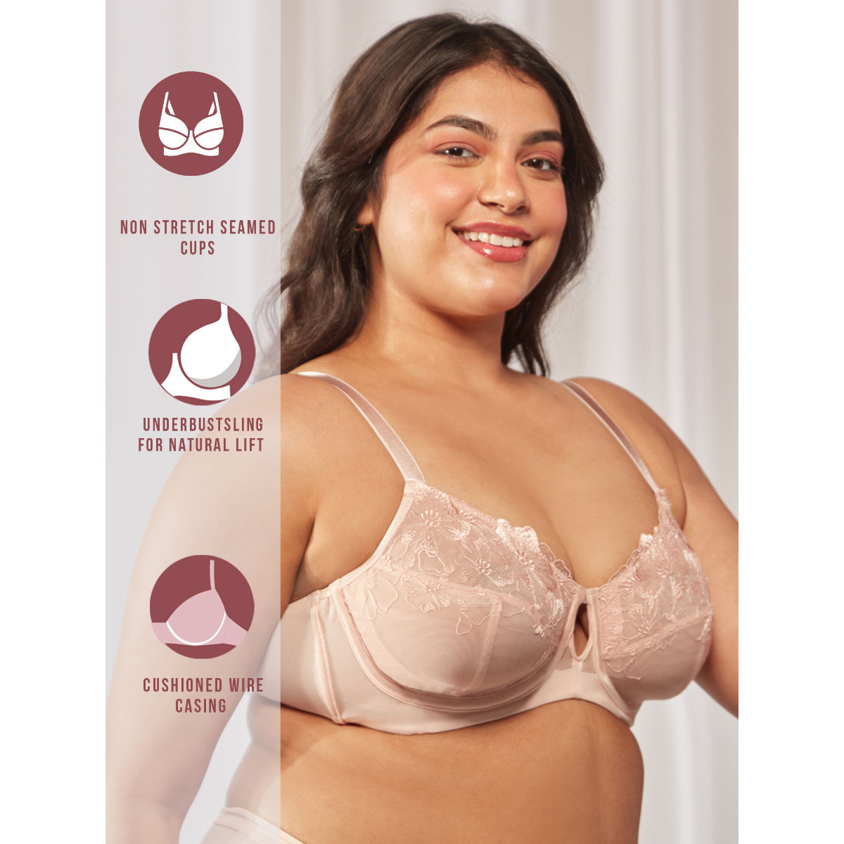 Floral Mesh Underwired Non-padded Lace Bra-NYB221-Peach