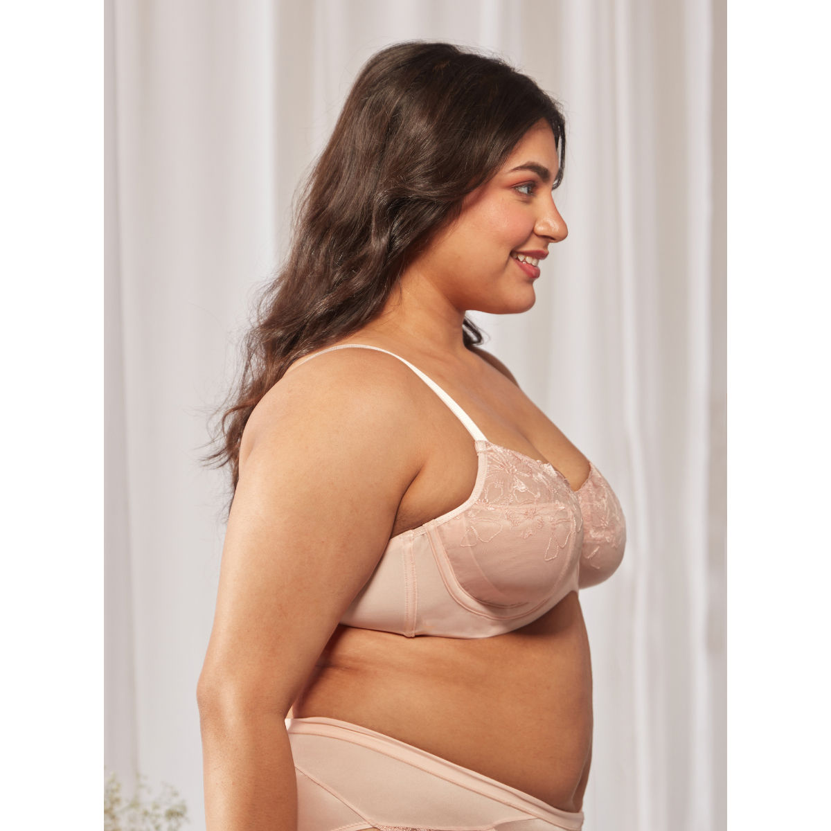 Floral Mesh Underwired Non-padded Lace Bra-NYB221-Peach