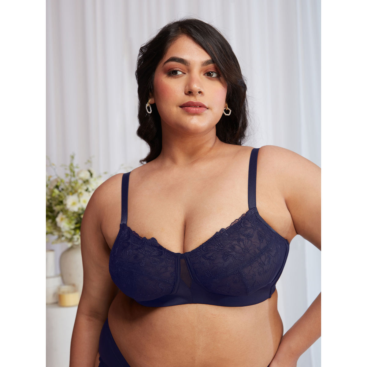 Floral Mesh Wirefree Non-padded Bra-NYB230-Navy