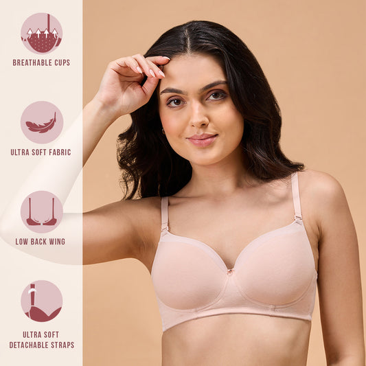 NYKD Everyday Cotton Bra for Women Daily Use, Medium Coverage, Wired,  Lightweight-Adjustable Straps Bra - Full Coverage, NYB263, Rose, 38D, 1N