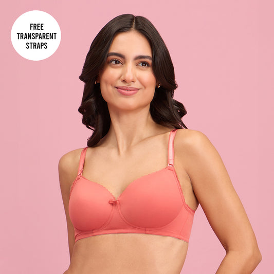 Buy Feliz Padded Wired 3/4th Coverage T-Shirt Plunge Lacy Bra-Pink