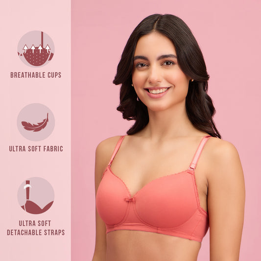 NYKD Wireless Everyday Cotton Bra for Women Daily Use - Wire-Free Shaping  Bra, Padded, 3/4th Coverage - Bra, NYB094, Carrot, 34B, 1N