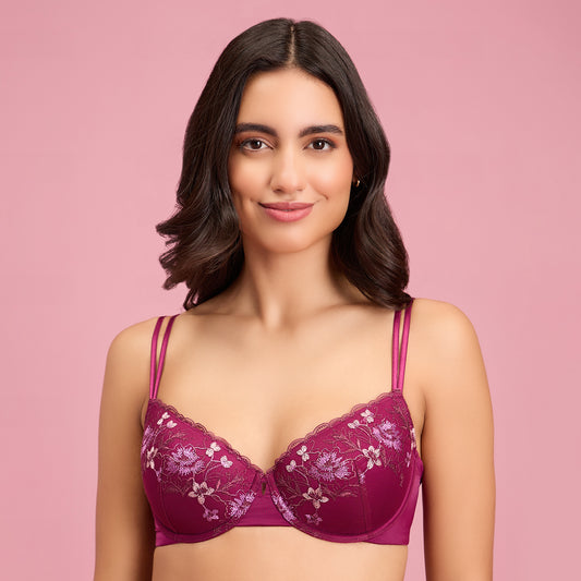 Nykd by Nykaa Embroidered Floral Lace Demi Bra - NYB294 - Purple