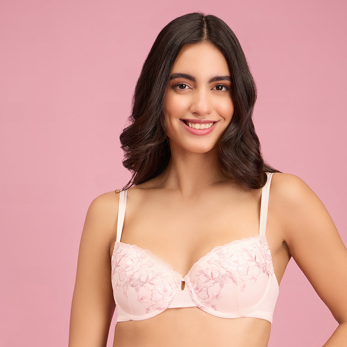 Embroidered  Floral Lace Demi Bra-NYB294-Pink