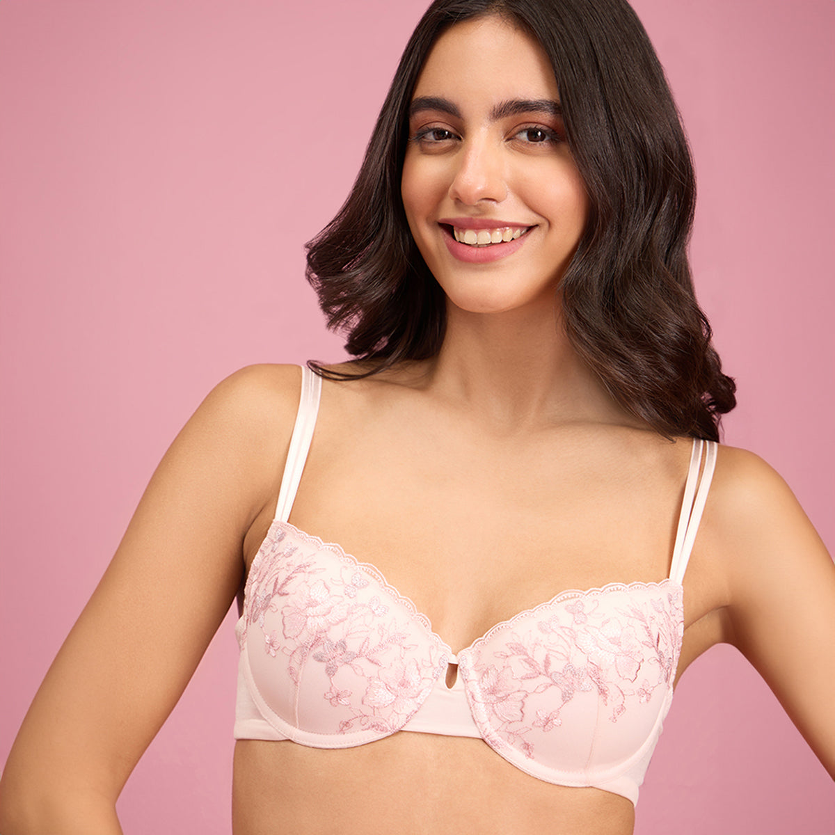 Embroidered  Floral Lace Demi Bra-NYB294-Pink