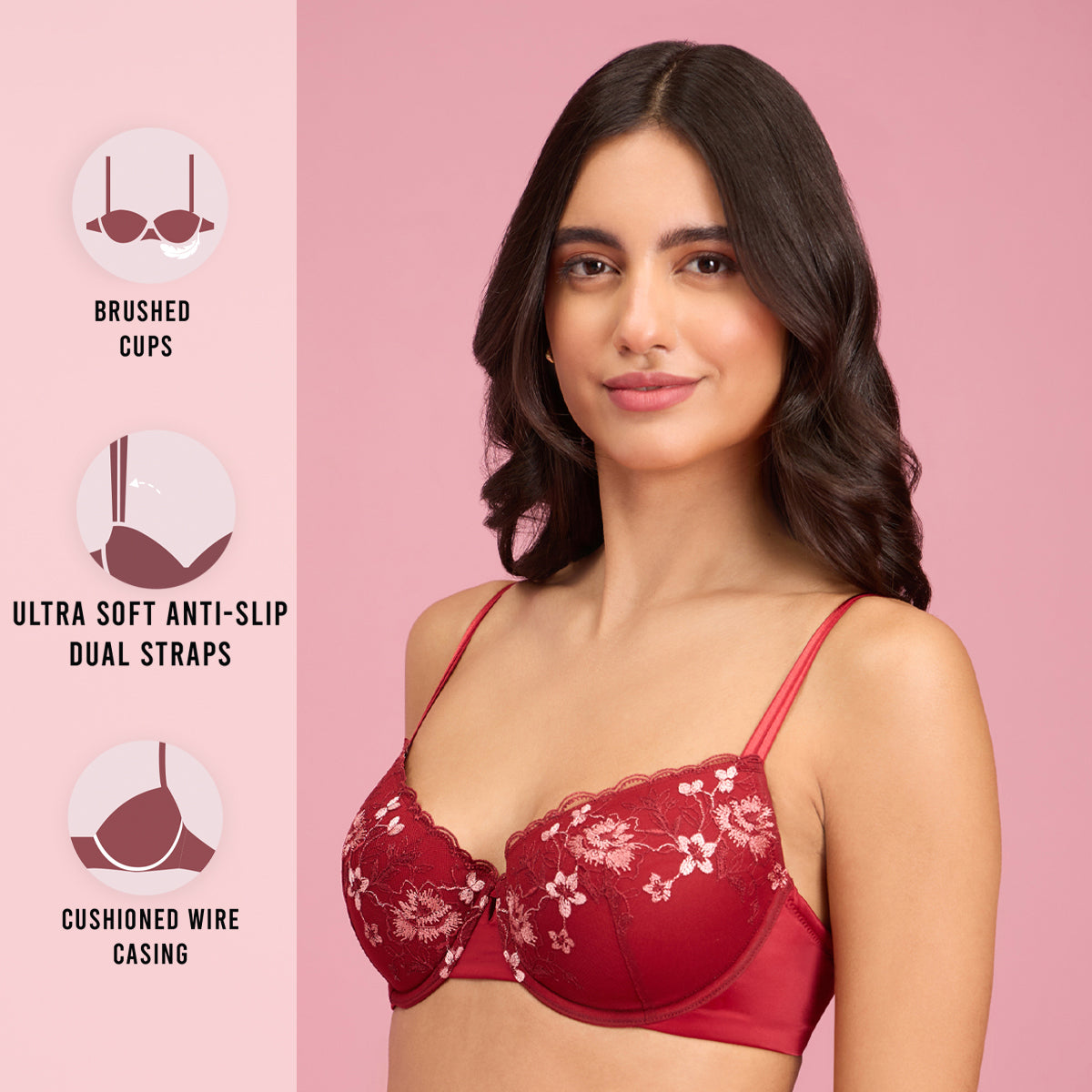 Embroidered Floral Lace Demi Bra-NYB294-Maroon