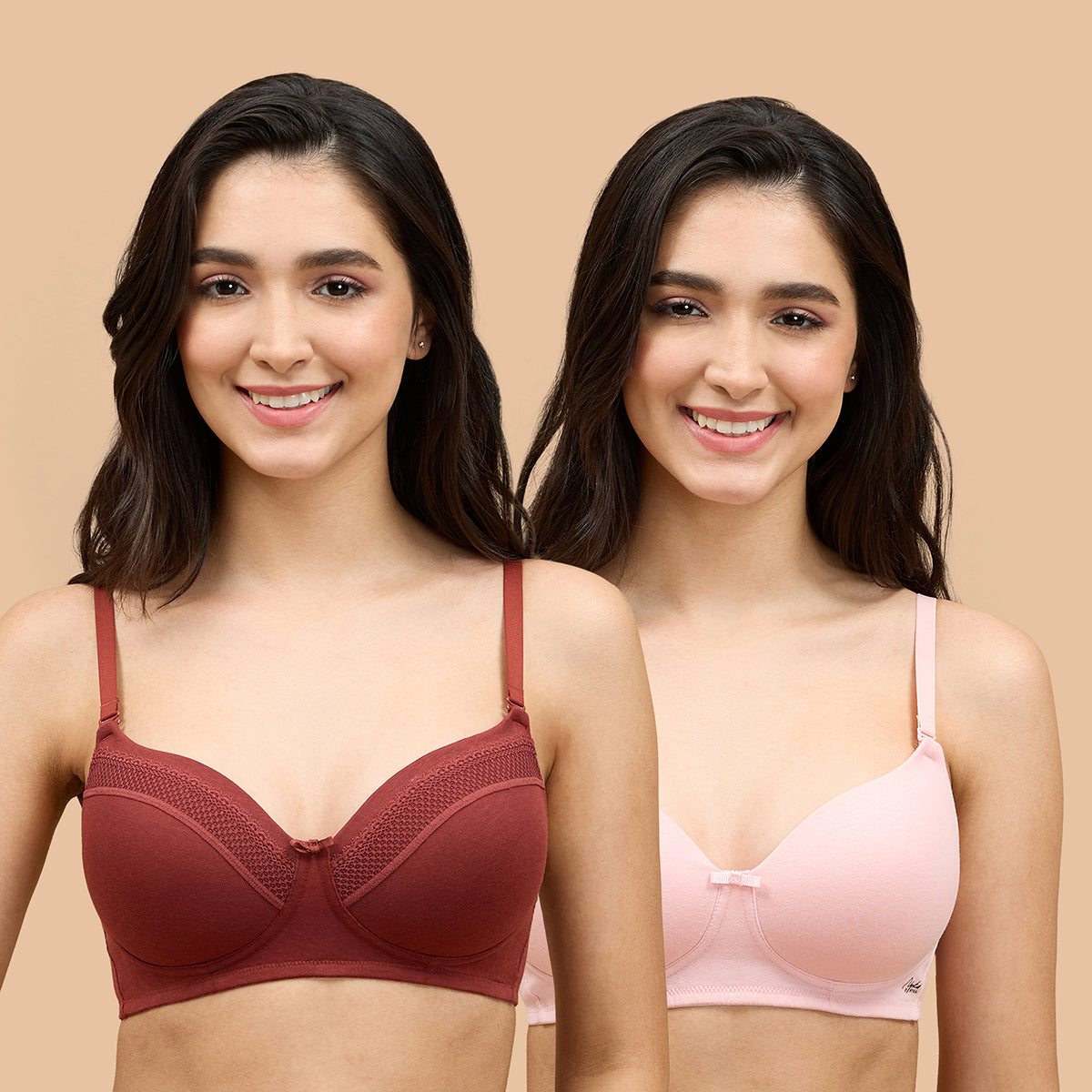 Lace Detail Breathe 3/4th Coverage T-shirt Bra-NYB358-Brick and Pink