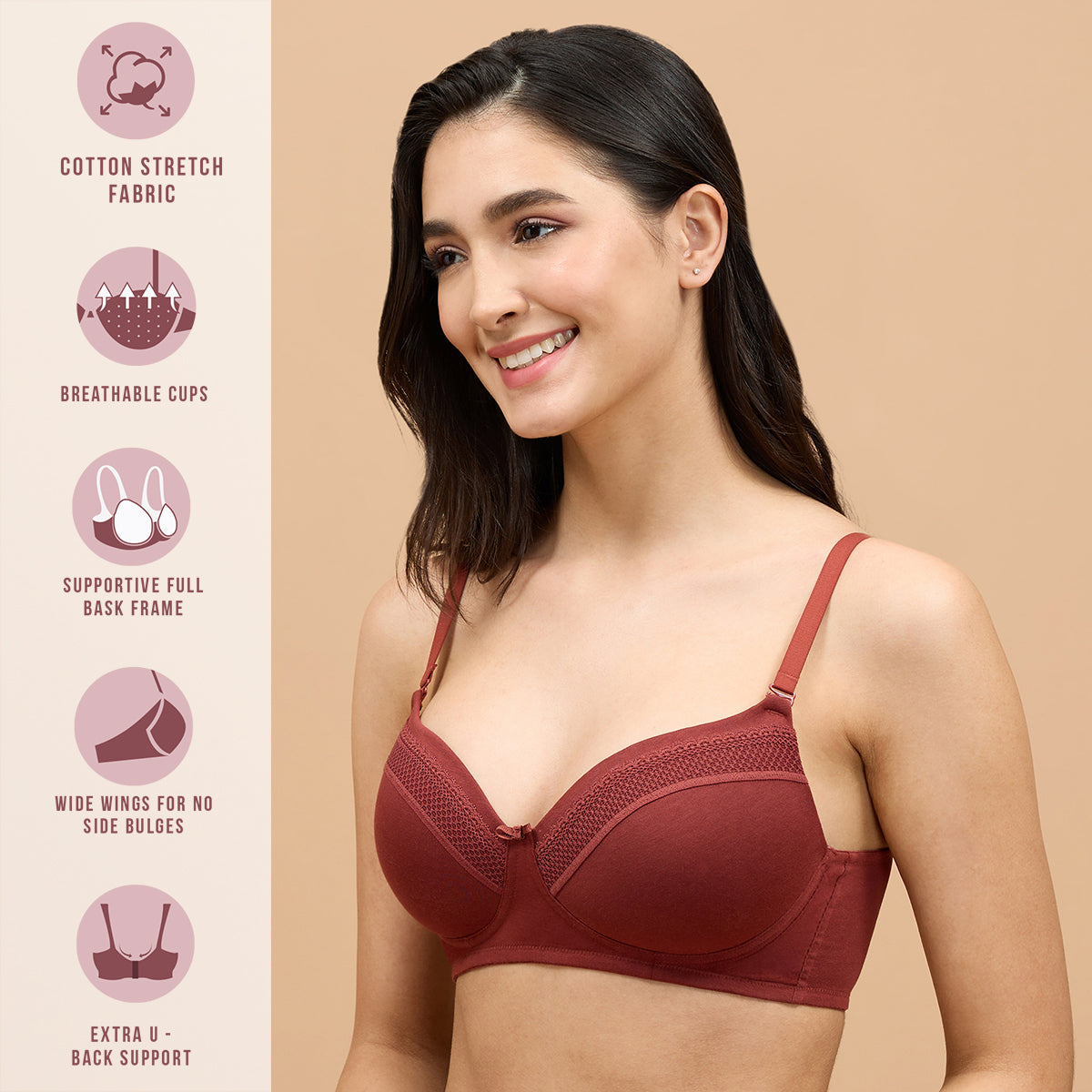 Lace Detail Breathe 3/4th Coverage T-shirt Bra-NYB358-Brick and Pink