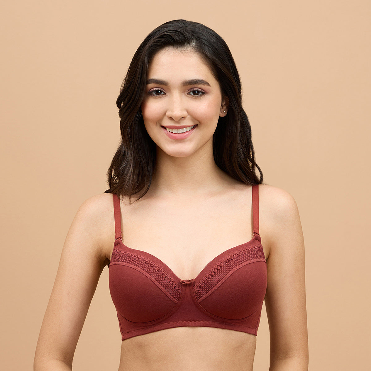 Lace Detail Breathe 3/4th Coverage T-shirt Bra-NYB358-Brick