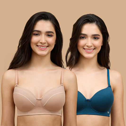 Lace Detail Breathe 3/4th Coverage T-shirt Bra-NYB358-Dark Skin and S.Blue