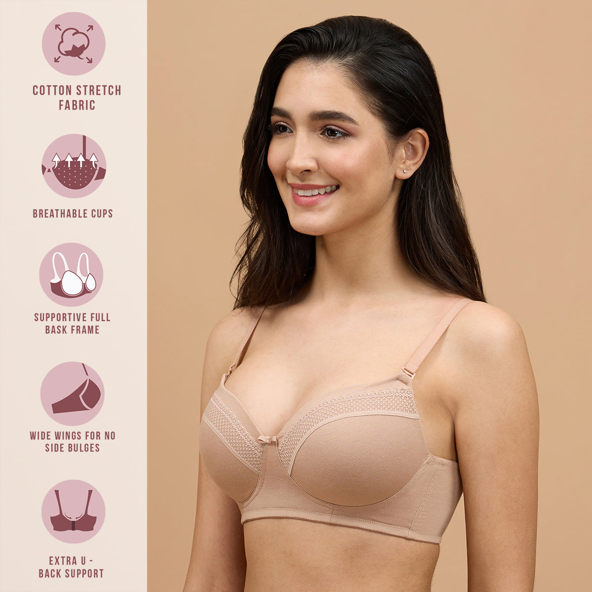 Lace Detail Breathe 3/4th Coverage T-shirt Bra-NYB358-Dark Skin