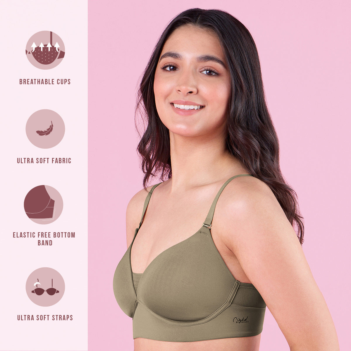 Barely There Padded Non Wired T-Shirt Bra With Gentle Lift And Support-NYB362-Olive