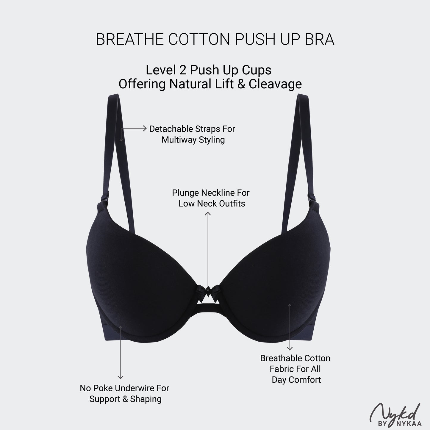 Breathe Cotton Wired Push Up Bra with Detachable Straps-NYB366-Black