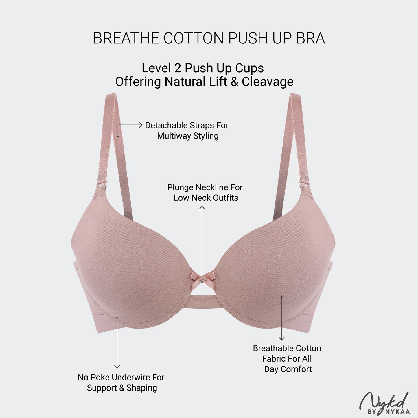 Breathe Cotton Wired Push Up Bra with Detachable Straps-NYB366-Dark Skin