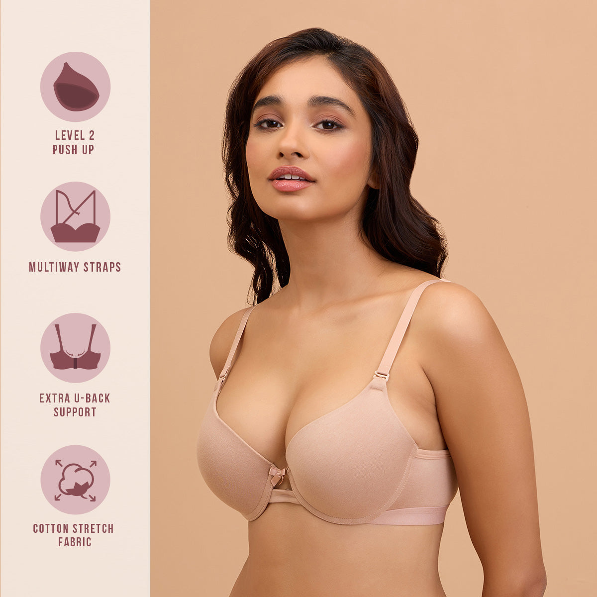 Breathe Cotton Wired Push Up Bra with Detachable Straps-NYB366-Dark Skin