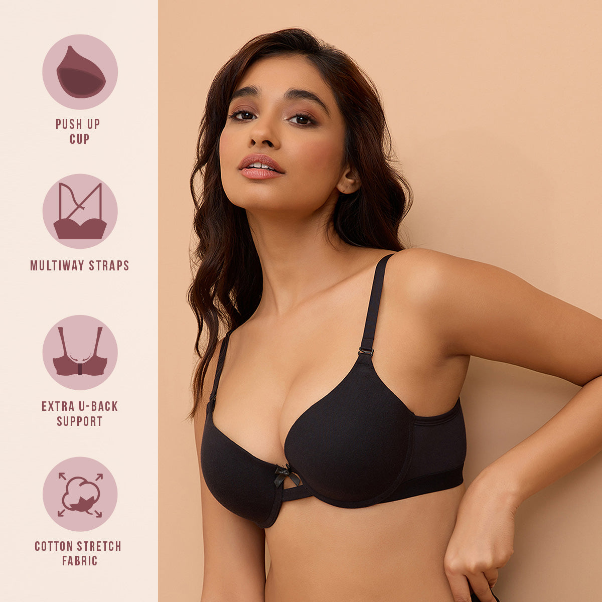 Breathe Cotton Wired Push Up Bra with Detachable Straps-NYB366-Black