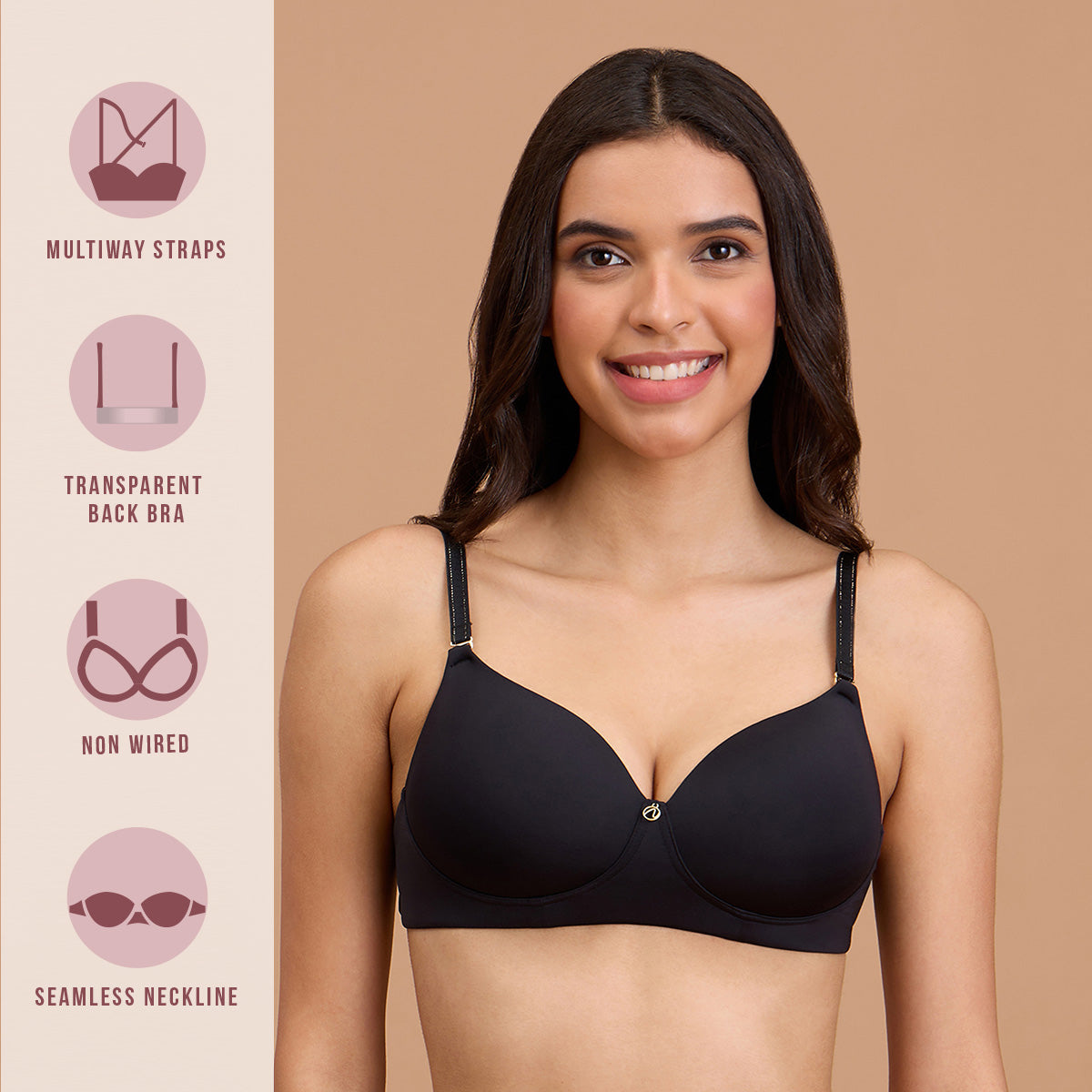 Padded Non-Wired Transparent Back Bra With Free Transparent Shoulder Straps-NYB373-Black