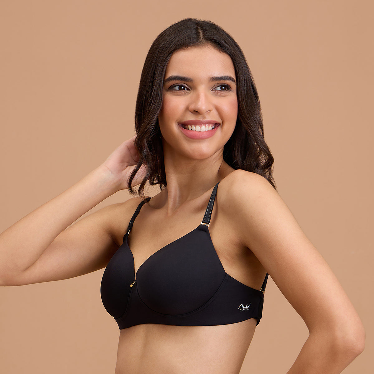 Padded Non-Wired Transparent Back Bra With Free Transparent Shoulder Straps-NYB373-Black