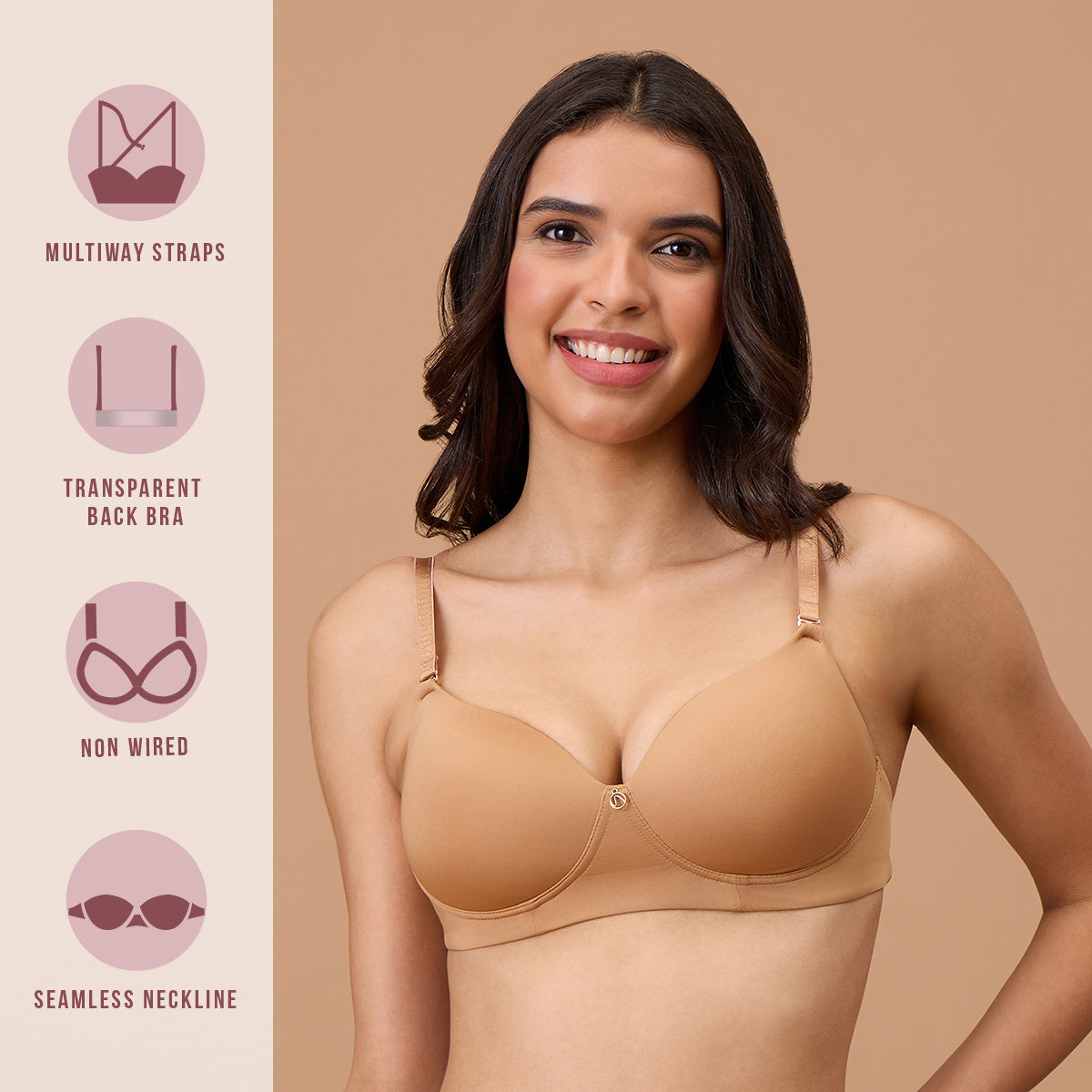 Padded Non-Wired Transparent Back Bra With Free Transparent Shoulder Straps-NYB373-Tan