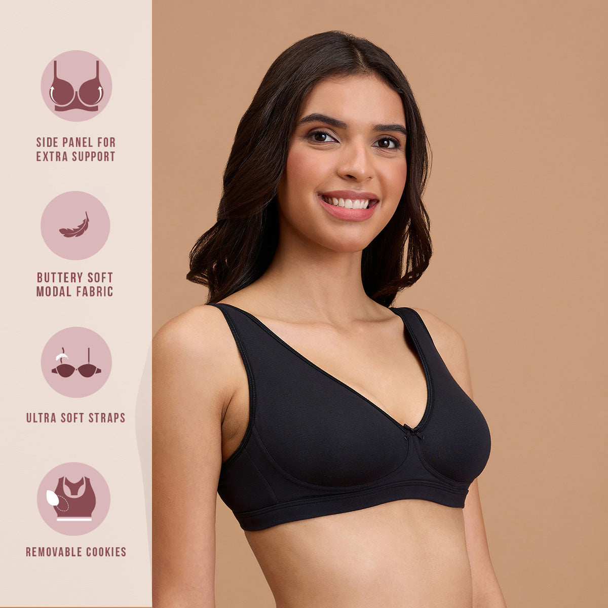 Modal Akin To Skin Super Soft Non Wired Bra With Removable Cookies-NYB387-Black