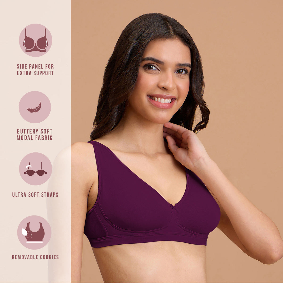 Modal Akin To Skin Super Soft Non Wired Bra With Removable Cookies-NYB387-Eggplant