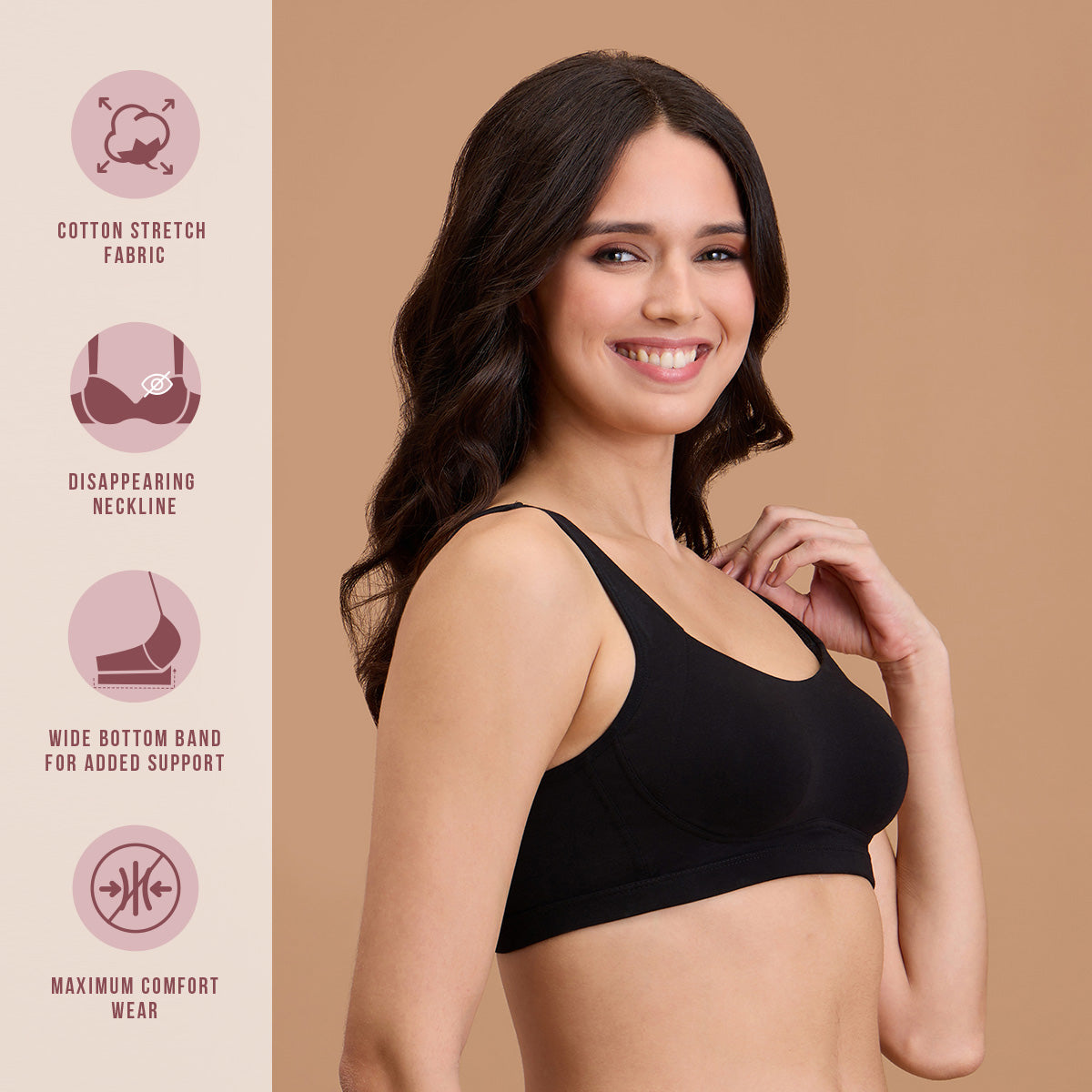 Cotton Non Padded Non Wired Everyday Comfort Bra-NYB388-Black