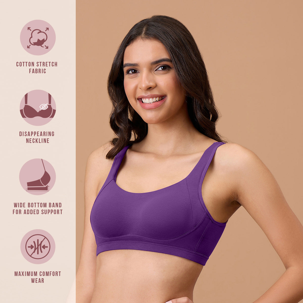 Cotton Non Padded Non Wired Everyday Comfort Bra-NYB388-Purple