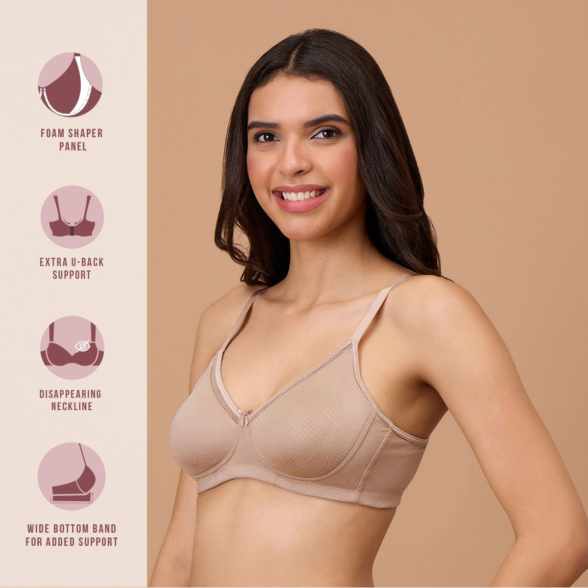 Nykd By Nykaa Hidden Support Non Padded Non Wired Bra In Luxe Jacquard Fabric-NYB390-Nude