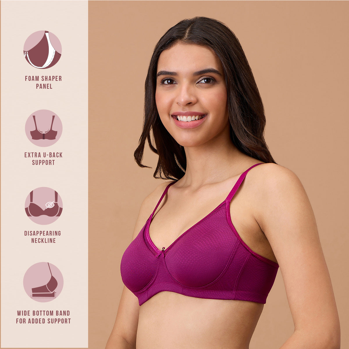 Hidden Support Non Padded Non Wired Bra In Luxe Jacquard Fabric-NYB390-Plum