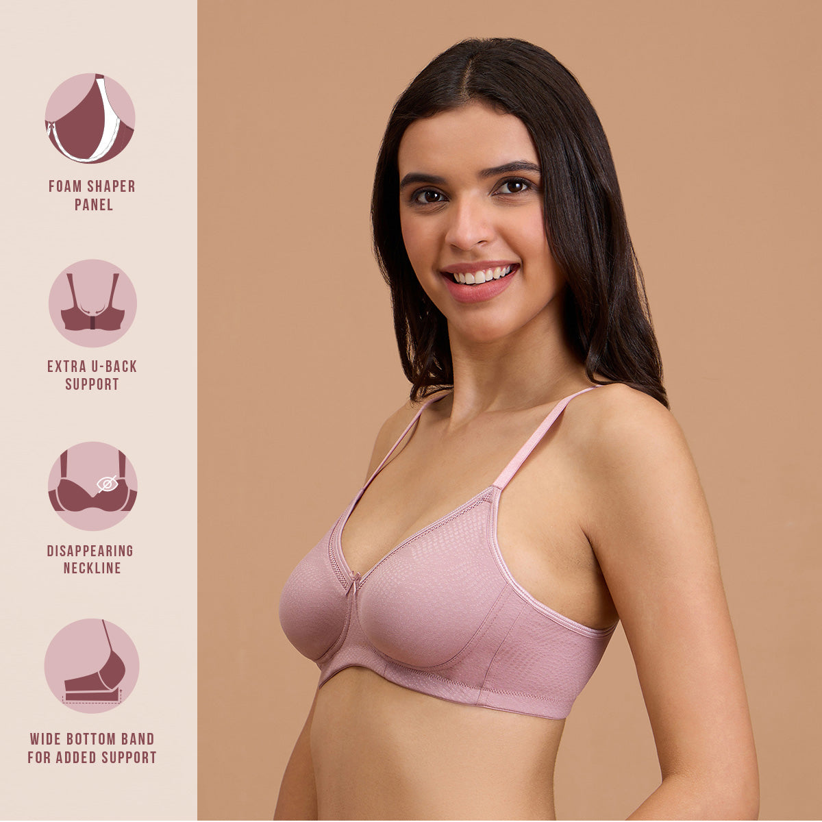 Hidden Support Non Padded Non Wired Bra In Luxe Jacquard Fabric-NYB390-Rose