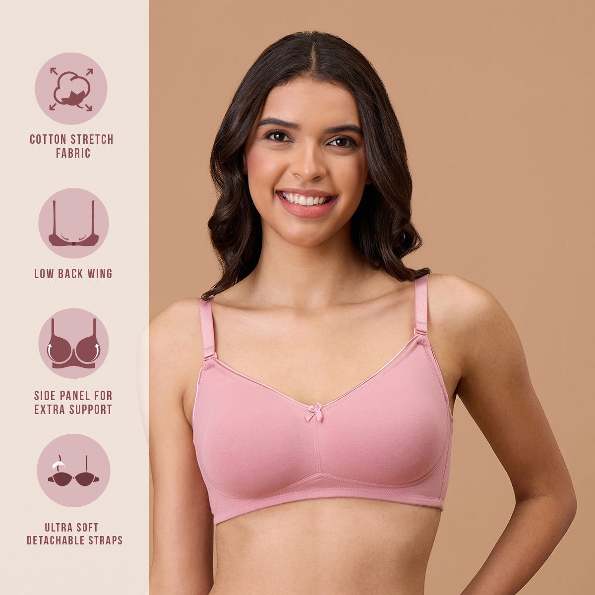 Cotton Deep Neck Non Padded Non Wired Bra with Low Back-NYB391-Blush