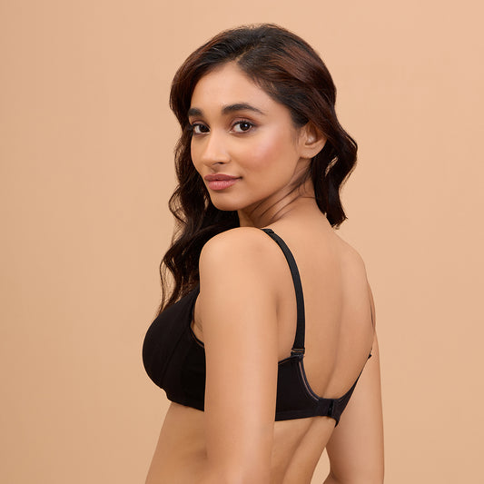 Cotton Deep Neck Non Padded Non Wired Bra with Low Back-NYB391-Black