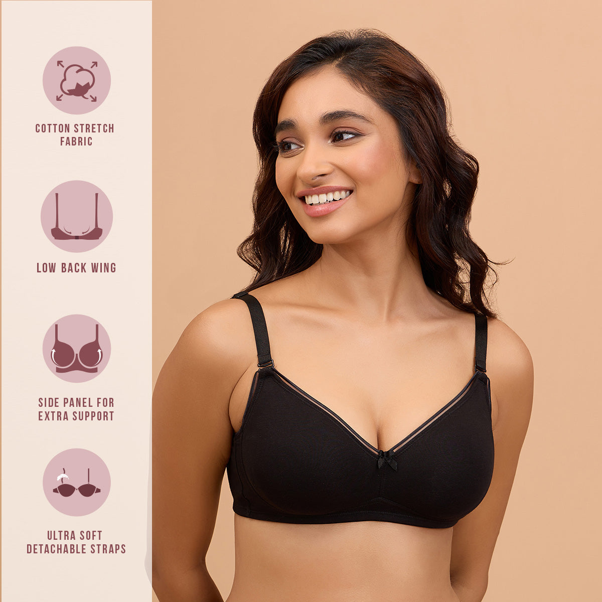 Cotton Deep Neck Non Padded Non Wired Bra with Low Back-NYB391-Black