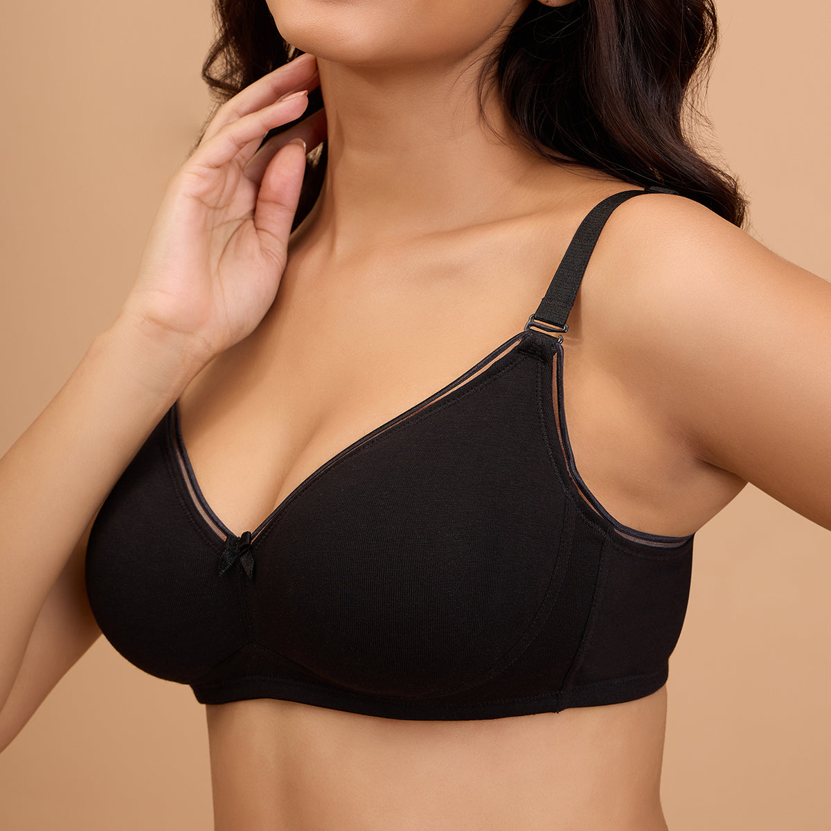 Cotton Deep Neck Non Padded Non Wired Bra with Low Back-NYB391-Black