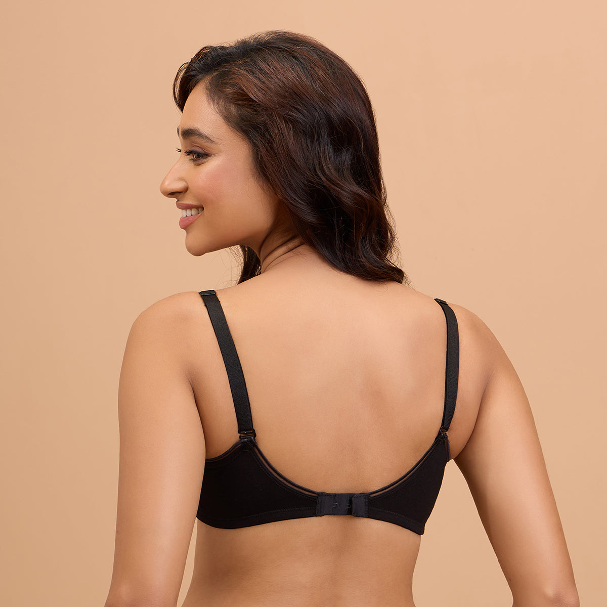 Cotton Deep Neck Non Padded Non Wired Bra with Low Back-NYB391-Black