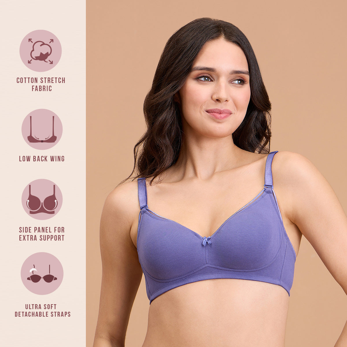 Cotton Deep Neck Non Padded Non Wired Bra with Low Back-NYB391 -D.Purple