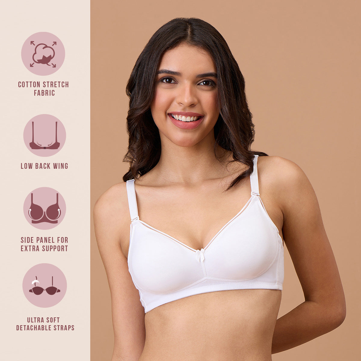 Cotton Deep Neck Non Padded Non Wired Bra with Low Back-NYB391-White