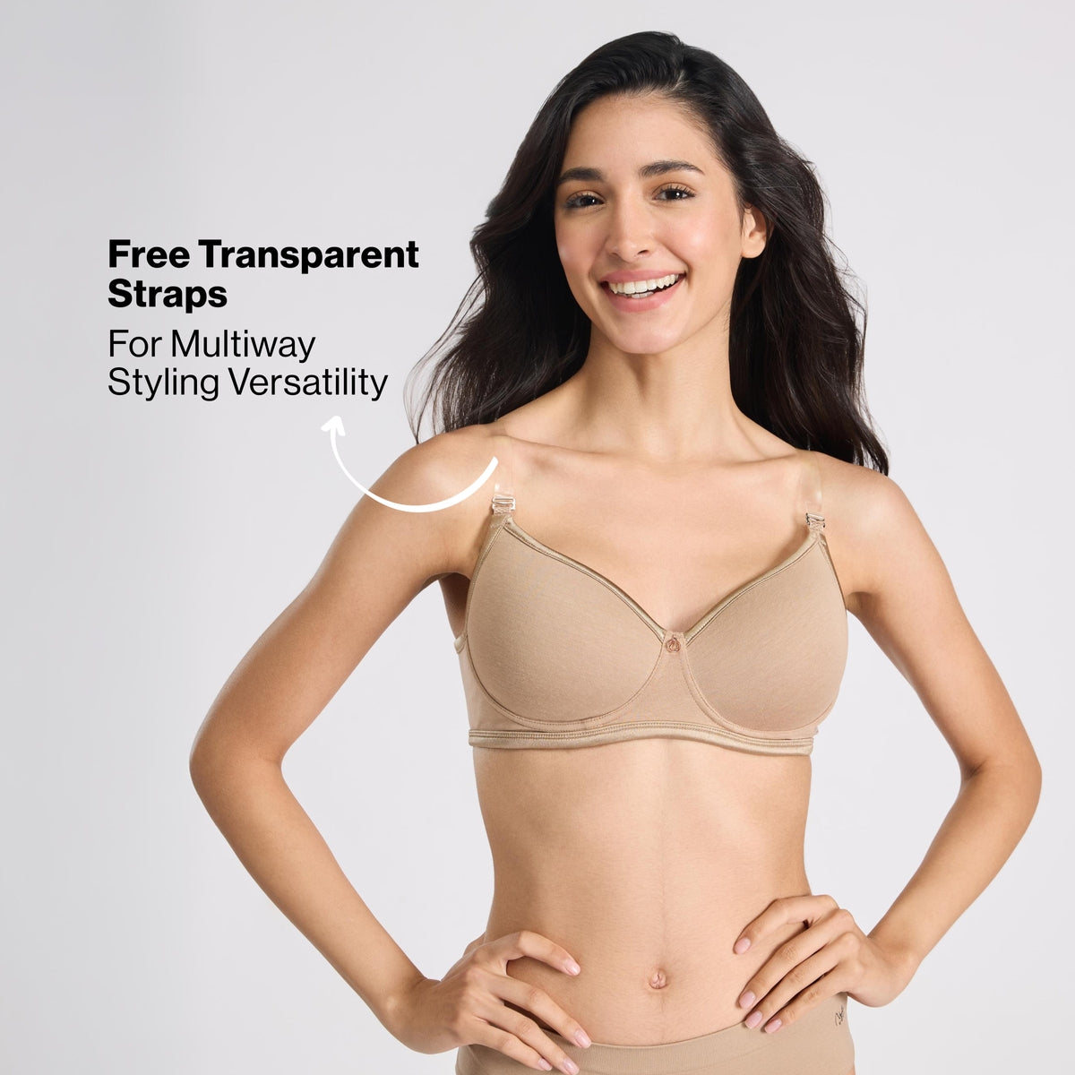 Nykd By Nykaa MagicLift Low Back Multiway Padded Non-Wired Everyday Cotton NBL T-Shirt Bra  NYB466  D.Nude