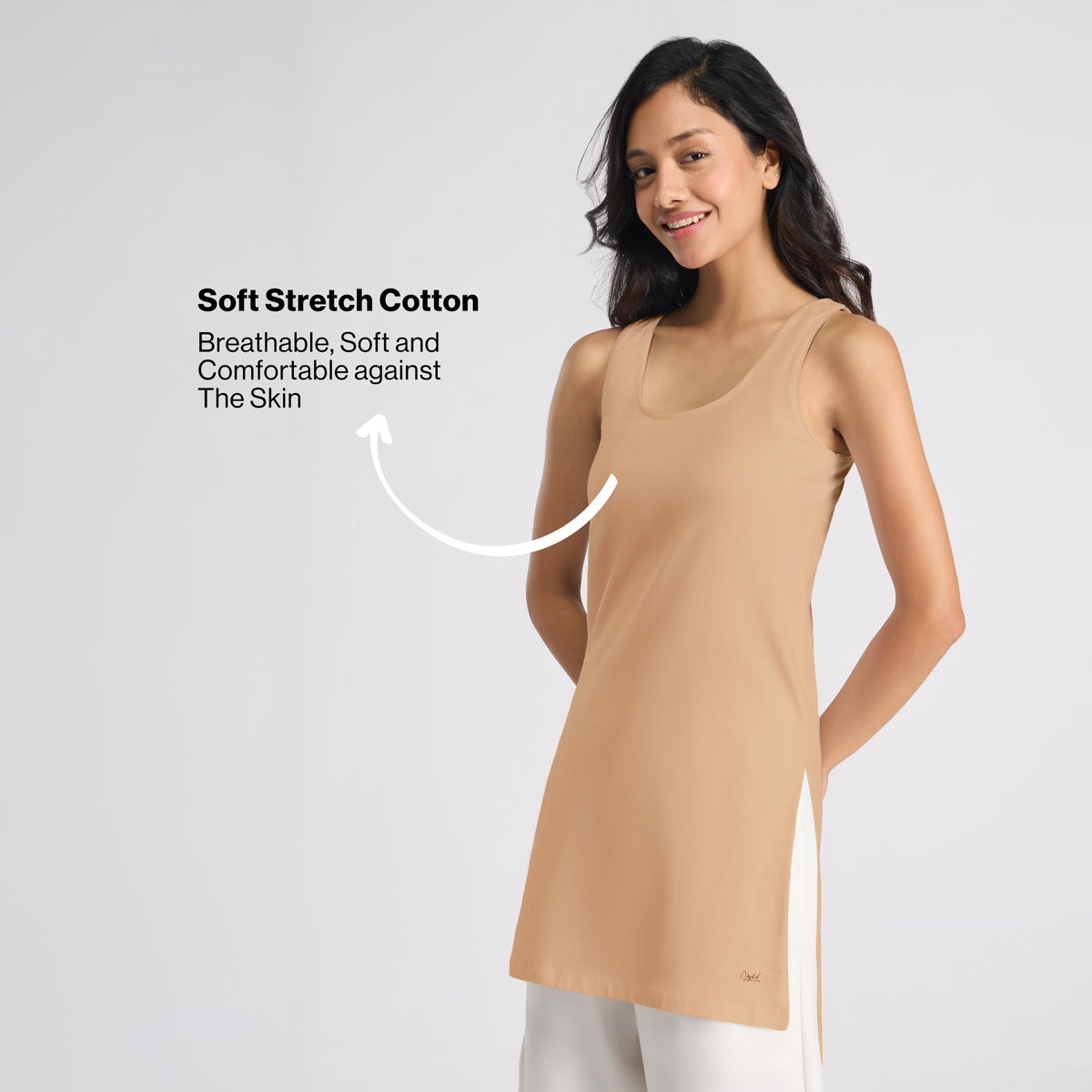 Nykd By Nykaa Breathe Cotton Longline Kurta Camisole-Everyday Layering Essential NYC017 Sand